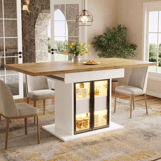 Mesa de jantar extensível retangular 110-140máx cm de mdf com luz led,branco+natural Mesa de jantar extensível retangular 110-140máx cm de mdf com luz led,branco+natural
