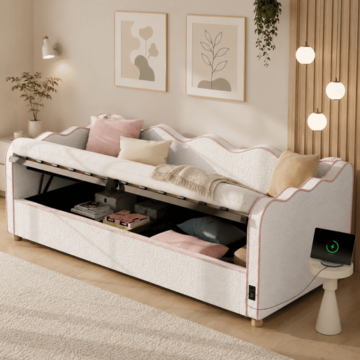 Sofá-cama individual 90x200 cm de tecido com armazenamento,bege Sofá-cama individual 90x200 cm de tecido com armazenamento,bege