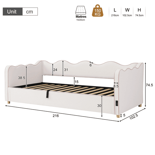 Sofá-cama individual 90x200 cm de tecido com armazenamento,bege Sofá-cama individual 90x200 cm de tecido com armazenamento,bege