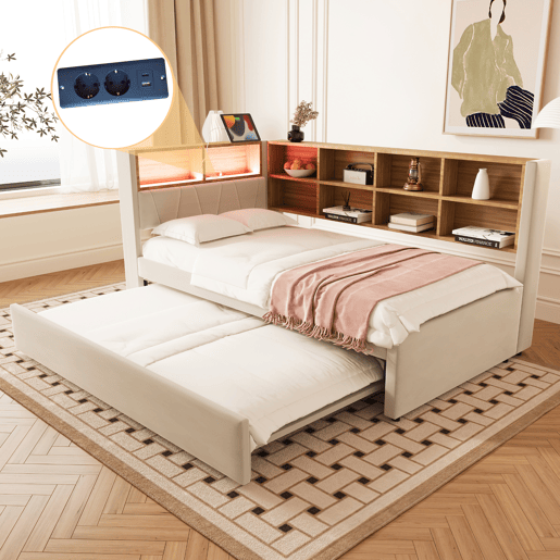 Cama gavetão de tecido 90x200 cm com luz led,bege