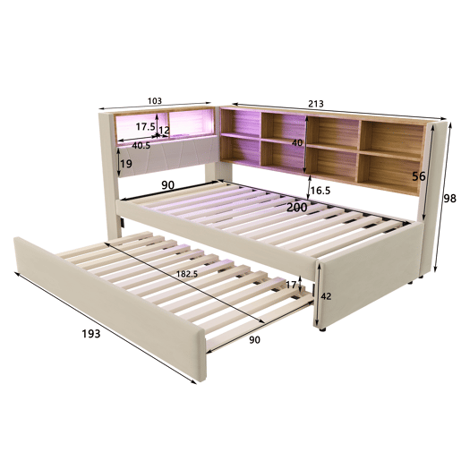 Cama gavetão de tecido 90x200 cm com luz led,bege
