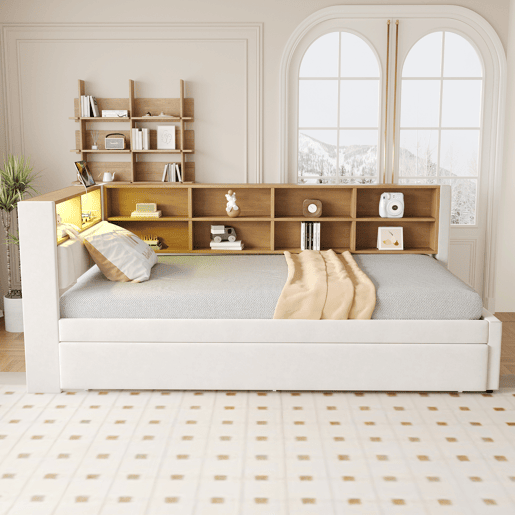 Cama gavetão de tecido 90x200 cm com luz led,bege