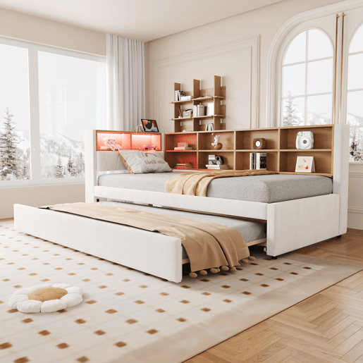 Cama gavetão de tecido 90x200 cm com luz led,bege