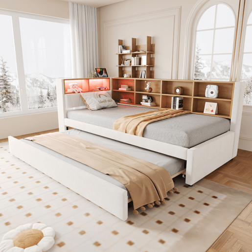 Cama gavetão de tecido 90x200 cm com luz led,bege