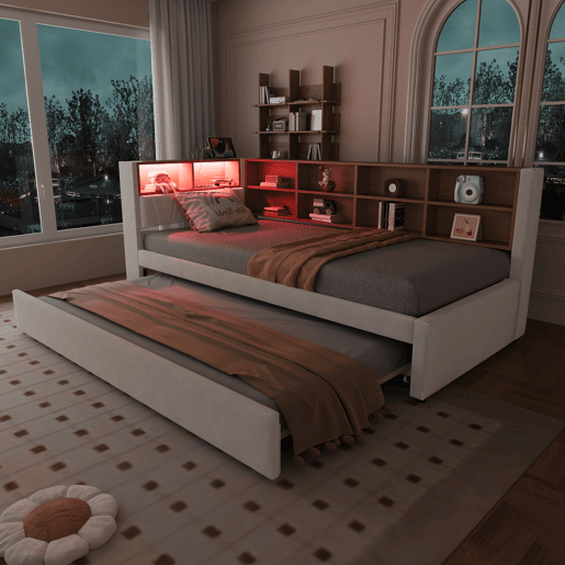 Cama gavetão de tecido 90x200 cm com luz led,bege
