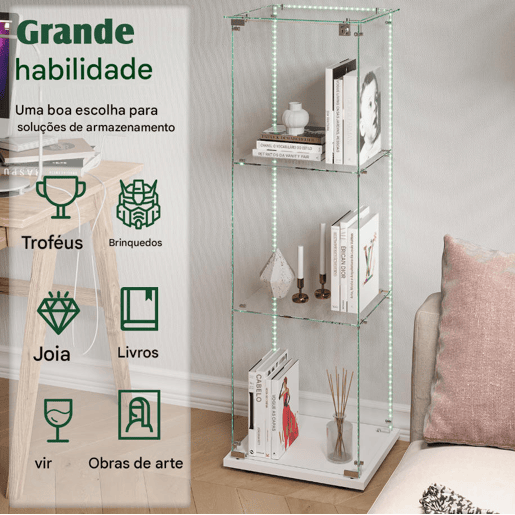 Vitrine com iluminação LED, vitrina moderna de 3 níveis em vidro para colecionáveis, livros, vinhos, ideal para escritório, sala de estar e cozinha - 123,3 x 35 x 39,8 cm Vitrine com iluminação LED, vitrina moderna de 3 níveis em vidro para colecionáveis, livros, vinhos, ideal para escritório, sala de estar e cozinha - 123,3 x 35 x 39,8 cm