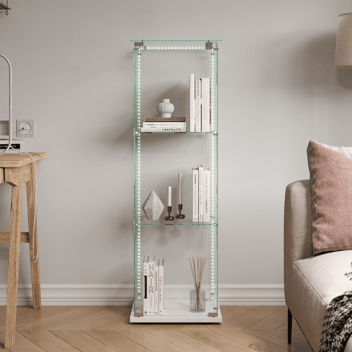 Vitrine com iluminação LED, vitrina moderna de 3 níveis em vidro para colecionáveis, livros, vinhos, ideal para escritório, sala de estar e cozinha - 123,3 x 35 x 39,8 cm Vitrine com iluminação LED, vitrina moderna de 3 níveis em vidro para colecionáveis, livros, vinhos, ideal para escritório, sala de estar e cozinha - 123,3 x 35 x 39,8 cm