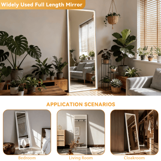 Espelho de Corpo Inteiro LED 160x50 cm Vidro Temperado Anti-Estilhaço Regulável 3 Cores de Luz com Suporte para Quarto Sala Espelho de Corpo Inteiro LED 160x50 cm Vidro Temperado Anti-Estilhaço Regulável 3 Cores de Luz com Suporte para Quarto Sala