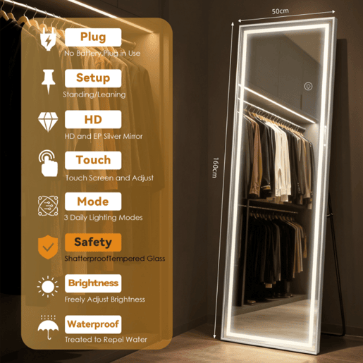 Espelho de Corpo Inteiro LED 160x50 cm Vidro Temperado Anti-Estilhaço Regulável 3 Cores de Luz com Suporte para Quarto Sala Espelho de Corpo Inteiro LED 160x50 cm Vidro Temperado Anti-Estilhaço Regulável 3 Cores de Luz com Suporte para Quarto Sala