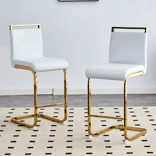 Bancos de bar 2 unidades - estilo nórdico, couro sintético branco, pernas em metal dourado