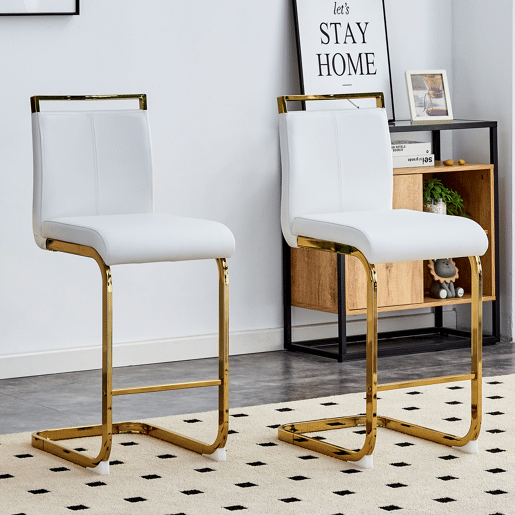 Bancos de bar 2 unidades - estilo nórdico, couro sintético branco, pernas em metal dourado