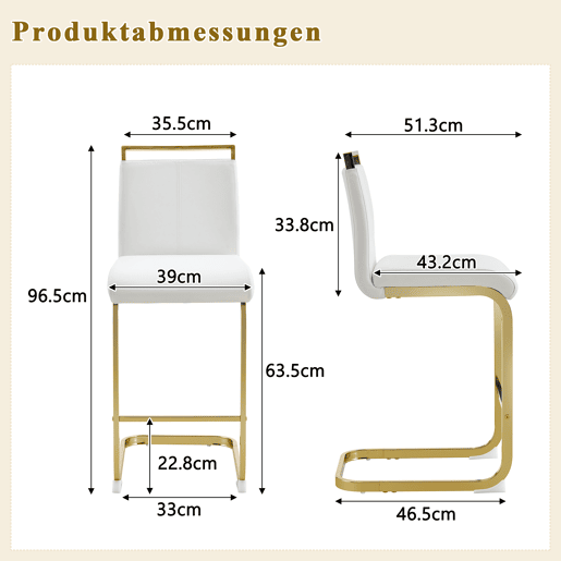Bancos de bar 2 unidades - estilo nórdico, couro sintético branco, pernas em metal dourado