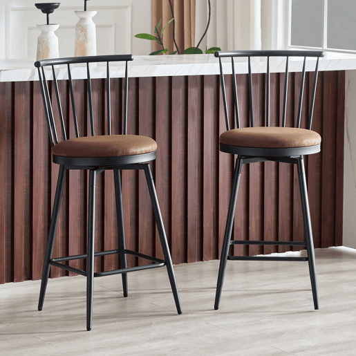 Banco de bar 43,2 x 39 x 96 cm - Estilo Windsor industrial com assento almofadado para cozinha, bar e restaurante - Castanho Banco de bar 43,2 x 39 x 96 cm - Estilo Windsor industrial com assento almofadado para cozinha, bar e restaurante - Castanho