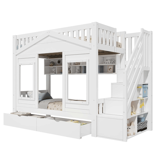 Beliche infantil alto 90x200 cm - cama elevada em madeira maciça com grade de segurança, escada com espaço de arrumação e janela - branco Beliche infantil alto 90x200 cm - cama elevada em madeira maciça com grade de segurança, escada com espaço de arrumação e janela - branco