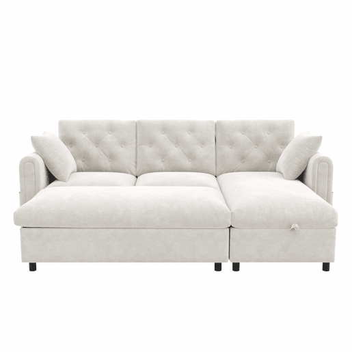 Sofá com chaise longue de 3 lugares, 219 x 131 x 86 cm u2014 veludo com espaço de arrumação, pufe incluído, chaise reversível, bolsos laterais e encosto capitoné u2014 Bege Sofá com chaise longue de 3 lugares, 219 x 131 x 86 cm u2014 veludo com espaço de arrumação, pufe incluído, chaise reversível, bolsos laterais e encosto capitoné u2014 Bege