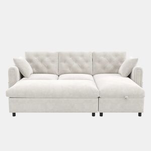 Sofá com chaise longue de 3 lugares, 219 x 131 x 86 cm u2014 veludo com espaço de arrumação, pufe incluído, chaise reversível, bolsos laterais e encosto capitoné u2014 Bege