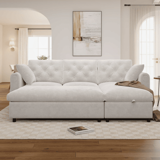 Sofá com chaise longue de 3 lugares, 219 x 131 x 86 cm u2014 veludo com espaço de arrumação, pufe incluído, chaise reversível, bolsos laterais e encosto capitoné u2014 Bege Sofá com chaise longue de 3 lugares, 219 x 131 x 86 cm u2014 veludo com espaço de arrumação, pufe incluído, chaise reversível, bolsos laterais e encosto capitoné u2014 Bege
