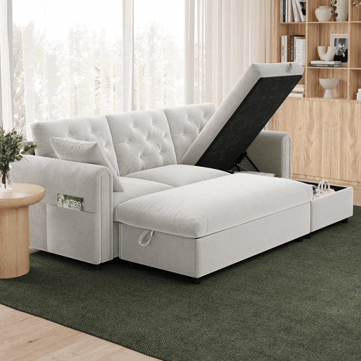 Sofá com chaise longue de 3 lugares, 219 x 131 x 86 cm u2014 veludo com espaço de arrumação, pufe incluído, chaise reversível, bolsos laterais e encosto capitoné u2014 Bege Sofá com chaise longue de 3 lugares, 219 x 131 x 86 cm u2014 veludo com espaço de arrumação, pufe incluído, chaise reversível, bolsos laterais e encosto capitoné u2014 Bege