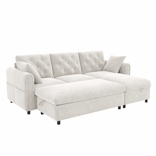 Sofá com chaise longue de 3 lugares, 219 x 131 x 86 cm u2014 veludo com espaço de arrumação, pufe incluído, chaise reversível, bolsos laterais e encosto capitoné u2014 Bege Sofá com chaise longue de 3 lugares, 219 x 131 x 86 cm u2014 veludo com espaço de arrumação, pufe incluído, chaise reversível, bolsos laterais e encosto capitoné u2014 Bege