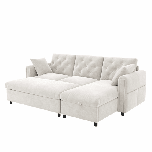 Sofá com chaise longue de 3 lugares, 219 x 131 x 86 cm u2014 veludo com espaço de arrumação, pufe incluído, chaise reversível, bolsos laterais e encosto capitoné u2014 Bege Sofá com chaise longue de 3 lugares, 219 x 131 x 86 cm u2014 veludo com espaço de arrumação, pufe incluído, chaise reversível, bolsos laterais e encosto capitoné u2014 Bege