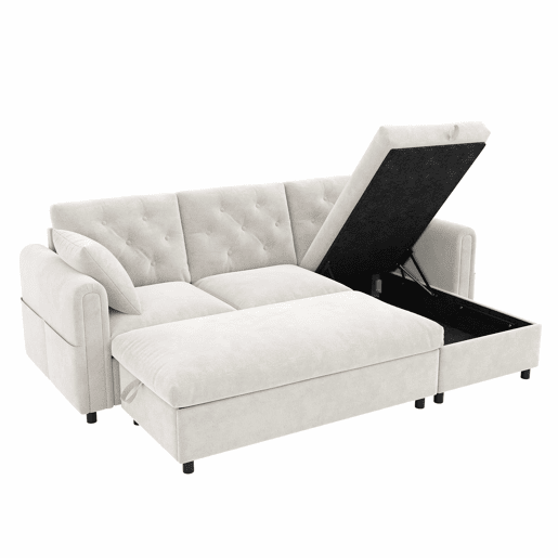 Sofá com chaise longue de 3 lugares, 219 x 131 x 86 cm u2014 veludo com espaço de arrumação, pufe incluído, chaise reversível, bolsos laterais e encosto capitoné u2014 Bege Sofá com chaise longue de 3 lugares, 219 x 131 x 86 cm u2014 veludo com espaço de arrumação, pufe incluído, chaise reversível, bolsos laterais e encosto capitoné u2014 Bege
