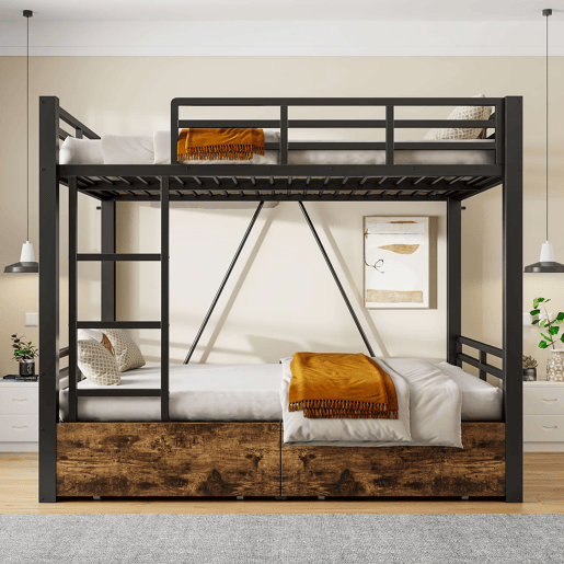 Beliche infantil em metal 140x200 cm u2014 com gavetas, poupa espaço, escada e grade de segurança u2014 preto Beliche infantil em metal 140x200 cm u2014 com gavetas, poupa espaço, escada e grade de segurança u2014 preto
