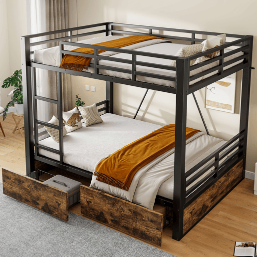 Beliche infantil em metal 140x200 cm u2014 com gavetas, poupa espaço, escada e grade de segurança u2014 preto Beliche infantil em metal 140x200 cm u2014 com gavetas, poupa espaço, escada e grade de segurança u2014 preto