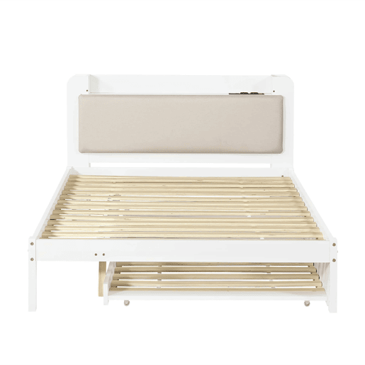 Cama funcional 120 x 200 cm com cama extraível 90 x 190 cm u2014 cabeceira almofadada, prateleira, base de carregamento e arrumação aberta u2014 Branco Cama funcional 120 x 200 cm com cama extraível 90 x 190 cm u2014 cabeceira almofadada, prateleira, base de carregamento e arrumação aberta u2014 Branco