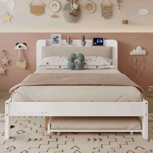 Cama funcional 120 x 200 cm com cama extraível 90 x 190 cm u2014 cabeceira almofadada, prateleira, base de carregamento e arrumação aberta u2014 Branco Cama funcional 120 x 200 cm com cama extraível 90 x 190 cm u2014 cabeceira almofadada, prateleira, base de carregamento e arrumação aberta u2014 Branco