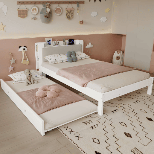 Cama funcional 120 x 200 cm com cama extraível 90 x 190 cm u2014 cabeceira almofadada, prateleira, base de carregamento e arrumação aberta u2014 Branco Cama funcional 120 x 200 cm com cama extraível 90 x 190 cm u2014 cabeceira almofadada, prateleira, base de carregamento e arrumação aberta u2014 Branco