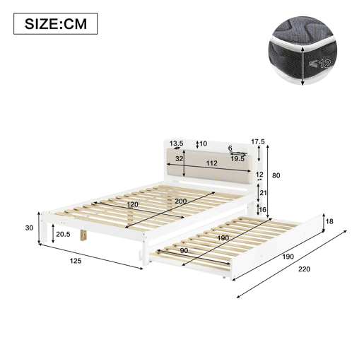 Cama funcional 120 x 200 cm com cama extraível 90 x 190 cm u2014 cabeceira almofadada, prateleira, base de carregamento e arrumação aberta u2014 Branco Cama funcional 120 x 200 cm com cama extraível 90 x 190 cm u2014 cabeceira almofadada, prateleira, base de carregamento e arrumação aberta u2014 Branco