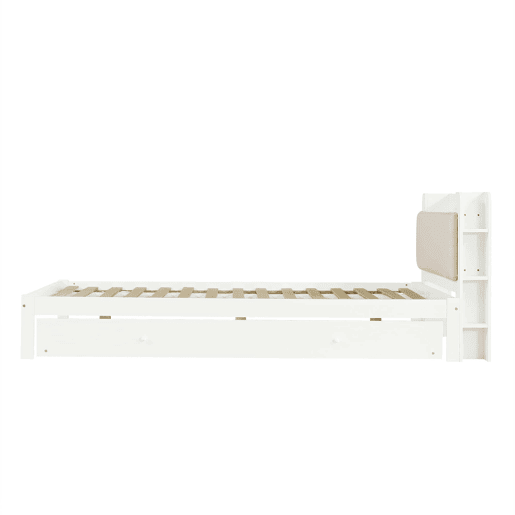 Cama funcional 120 x 200 cm com cama extraível 90 x 190 cm u2014 cabeceira almofadada, prateleira, base de carregamento e arrumação aberta u2014 Branco Cama funcional 120 x 200 cm com cama extraível 90 x 190 cm u2014 cabeceira almofadada, prateleira, base de carregamento e arrumação aberta u2014 Branco