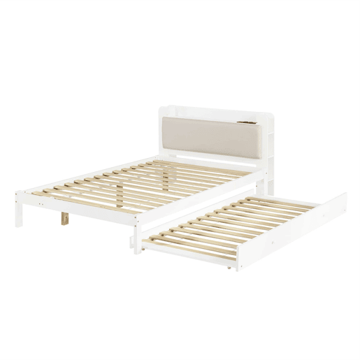 Cama funcional 120 x 200 cm com cama extraível 90 x 190 cm u2014 cabeceira almofadada, prateleira, base de carregamento e arrumação aberta u2014 Branco Cama funcional 120 x 200 cm com cama extraível 90 x 190 cm u2014 cabeceira almofadada, prateleira, base de carregamento e arrumação aberta u2014 Branco
