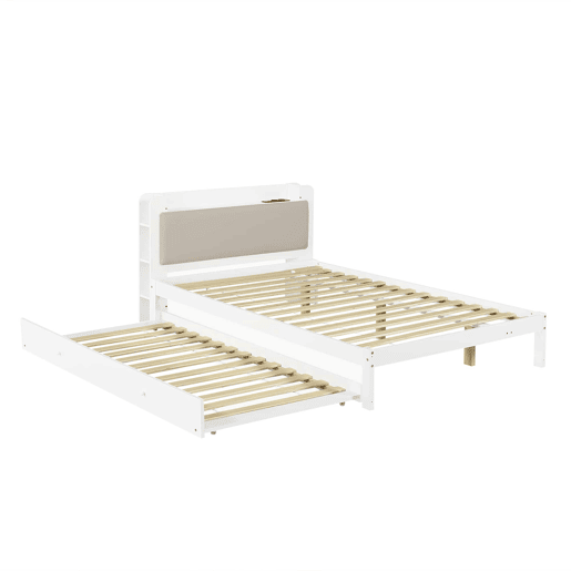 Cama funcional 120 x 200 cm com cama extraível 90 x 190 cm u2014 cabeceira almofadada, prateleira, base de carregamento e arrumação aberta u2014 Branco Cama funcional 120 x 200 cm com cama extraível 90 x 190 cm u2014 cabeceira almofadada, prateleira, base de carregamento e arrumação aberta u2014 Branco