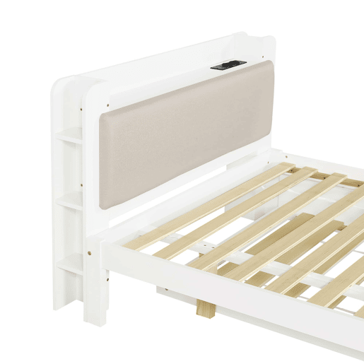 Cama funcional 120 x 200 cm com cama extraível 90 x 190 cm u2014 cabeceira almofadada, prateleira, base de carregamento e arrumação aberta u2014 Branco Cama funcional 120 x 200 cm com cama extraível 90 x 190 cm u2014 cabeceira almofadada, prateleira, base de carregamento e arrumação aberta u2014 Branco
