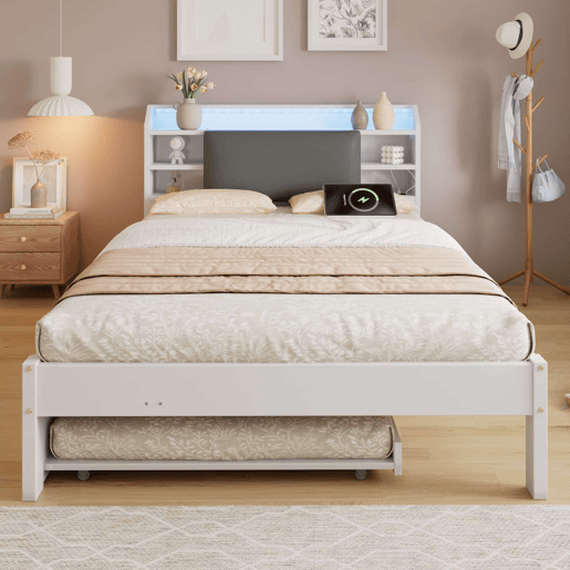 Cama funcional 120 x 200 cm com cama extraível 90 x 190 cm u2014 cabeceira estofada com LED, prateleira e estação de carregamento, cama auxiliar reversível u2014 Branco
