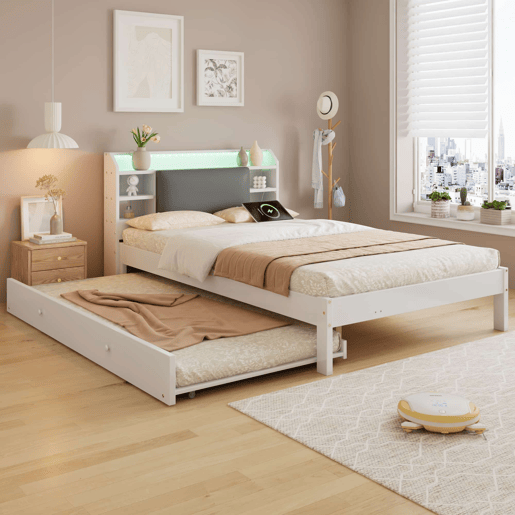 Cama funcional 120 x 200 cm com cama extraível 90 x 190 cm u2014 cabeceira estofada com LED, prateleira e estação de carregamento, cama auxiliar reversível u2014 Branco