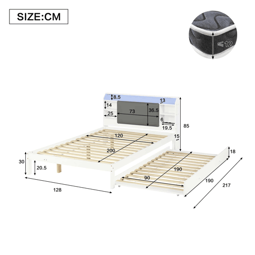 Cama funcional 120 x 200 cm com cama extraível 90 x 190 cm u2014 cabeceira estofada com LED, prateleira e estação de carregamento, cama auxiliar reversível u2014 Branco