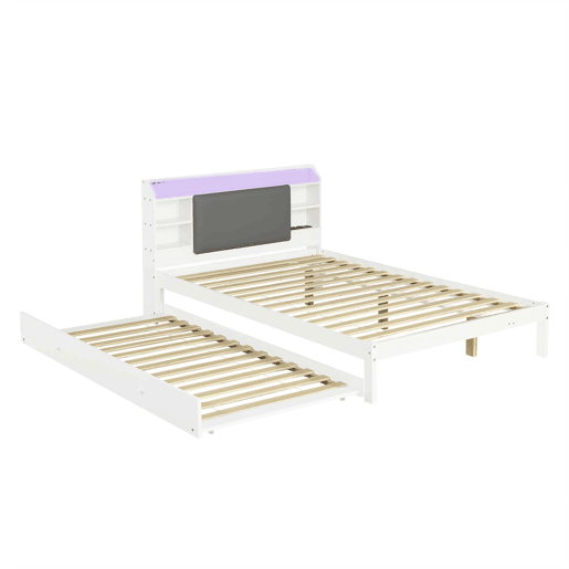 Cama funcional 120 x 200 cm com cama extraível 90 x 190 cm u2014 cabeceira estofada com LED, prateleira e estação de carregamento, cama auxiliar reversível u2014 Branco