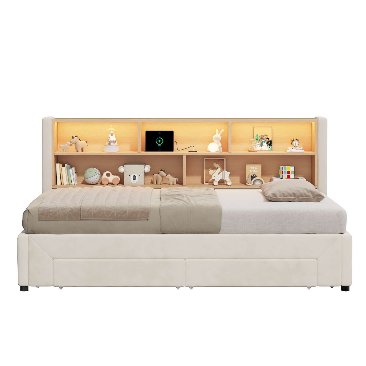 Sofá cama juvenil 90x200 cm - convertible a 180 cm, con 2 cajones de almacenamiento, usb y led, terciopelo - beige