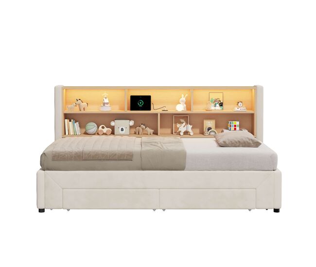 Sofá cama juvenil 90x200 cm - convertible a 180 cm, con 2 cajones de almacenamiento, usb y led, terciopelo - beige