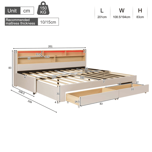 Sofá-cama para jovens 90 x 200 cm u2014 extensível até 180 cm, com 2 gavetas de arrumação, porta USB e luz LED, veludo u2014 bege