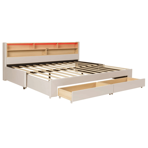 Sofá-cama para jovens 90 x 200 cm u2014 extensível até 180 cm, com 2 gavetas de arrumação, porta USB e luz LED, veludo u2014 bege