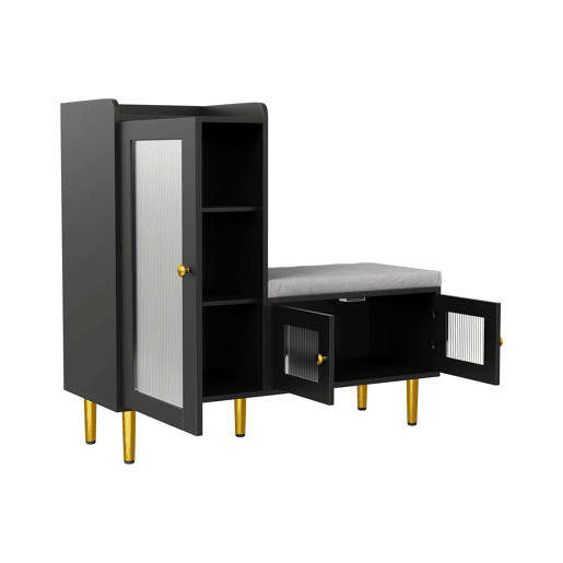 Sapateira 100x35x90 cm com banco estofado, espaço de armazenamento modular e portas de vidro, preta. Sapateira 100x35x90 cm com banco estofado, espaço de armazenamento modular e portas de vidro, preta.