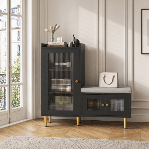 Sapateira 100x35x90 cm com banco estofado, espaço de armazenamento modular e portas de vidro, preta. Sapateira 100x35x90 cm com banco estofado, espaço de armazenamento modular e portas de vidro, preta.