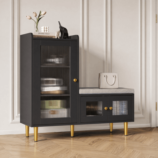 Sapateira 100x35x90 cm com banco estofado, espaço de armazenamento modular e portas de vidro, preta. Sapateira 100x35x90 cm com banco estofado, espaço de armazenamento modular e portas de vidro, preta.