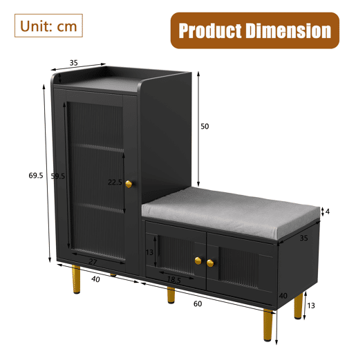 Sapateira 100x35x90 cm com banco estofado, espaço de armazenamento modular e portas de vidro, preta. Sapateira 100x35x90 cm com banco estofado, espaço de armazenamento modular e portas de vidro, preta.