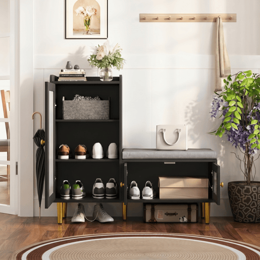 Sapateira 100x35x90 cm com banco estofado, espaço de armazenamento modular e portas de vidro, preta. Sapateira 100x35x90 cm com banco estofado, espaço de armazenamento modular e portas de vidro, preta.