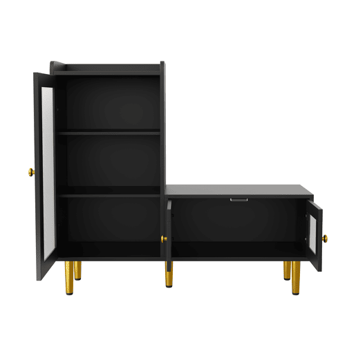 Sapateira 100x35x90 cm com banco estofado, espaço de armazenamento modular e portas de vidro, preta. Sapateira 100x35x90 cm com banco estofado, espaço de armazenamento modular e portas de vidro, preta.