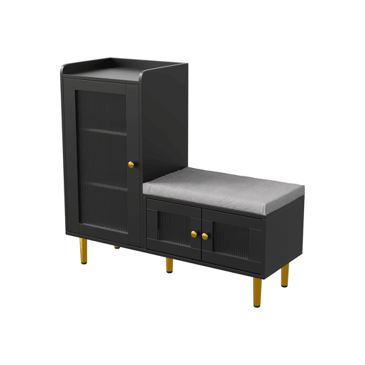 Sapateira 100x35x90 cm com banco estofado, espaço de armazenamento modular e portas de vidro, preta. Sapateira 100x35x90 cm com banco estofado, espaço de armazenamento modular e portas de vidro, preta.